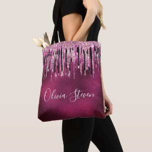 Chic shock rosa svartborrning glitter monogram tygkasse