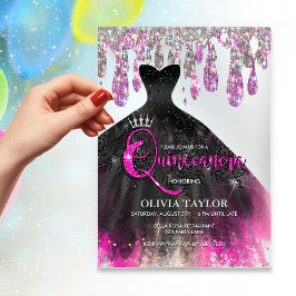 Chic shock rosa svartkristalldroppar Quinceanera