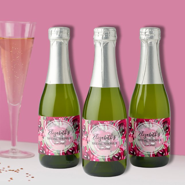 Chic Shock rosa Vattenfärgens Blommigt Möhippa Min (Chic hot pink watercolor floral bridal shower mini champagne personalized bottle labels)