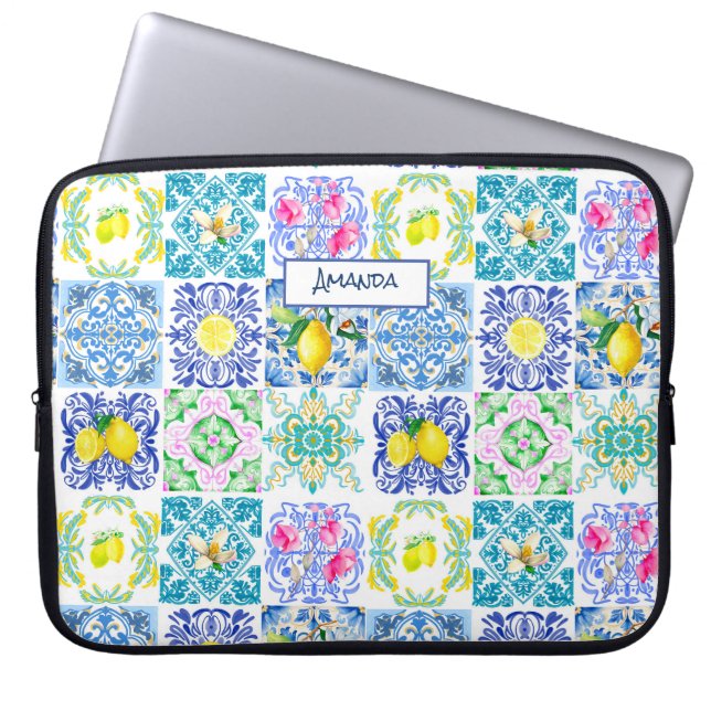 Chic Sicilian azulejo Amalfi Mediterranean Tiles Laptop Fodral (Framsidan)