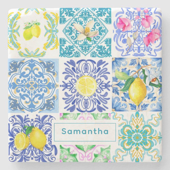 Chic Sicilian azulejo Amalfi Mediterranean Tiles Stenunderlägg (Framsidan)