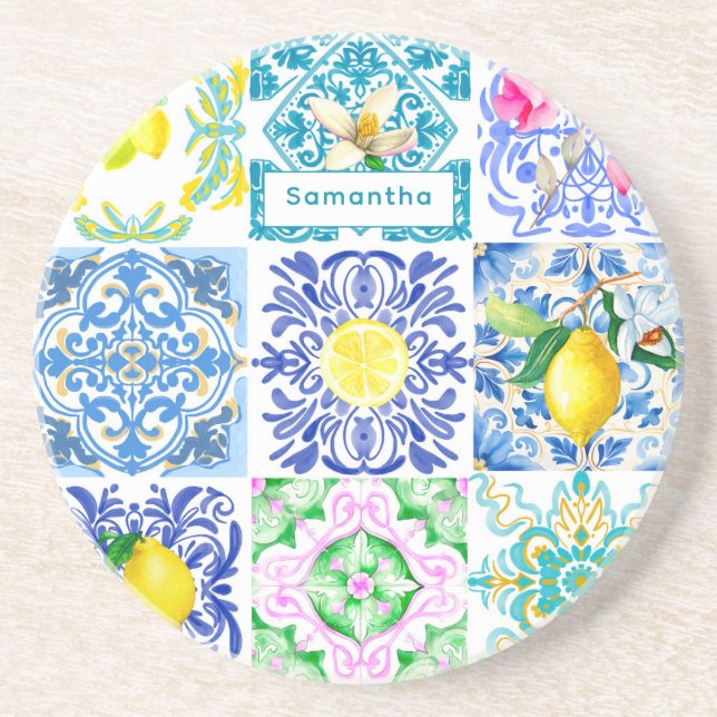 Chic Sicilian azulejo Amalfi Mediterranean Tiles Underlägg (Framsidan)