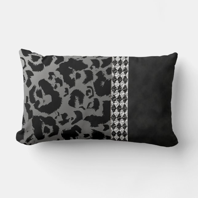 Chic Silver Black Leopard Print Suede Harlequin Lumbarkudde (Framsida)