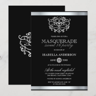 Chic Silver & Black Typography maskerad Sweet 16 Inbjudningar