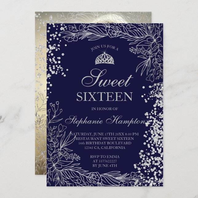 Chic silver blommigt marin blå Tiara chic Söt 16 Inbjudningar (Fram/baksida)