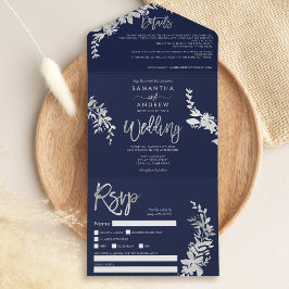 Chic silver blommigt typografi marin blå bröllop