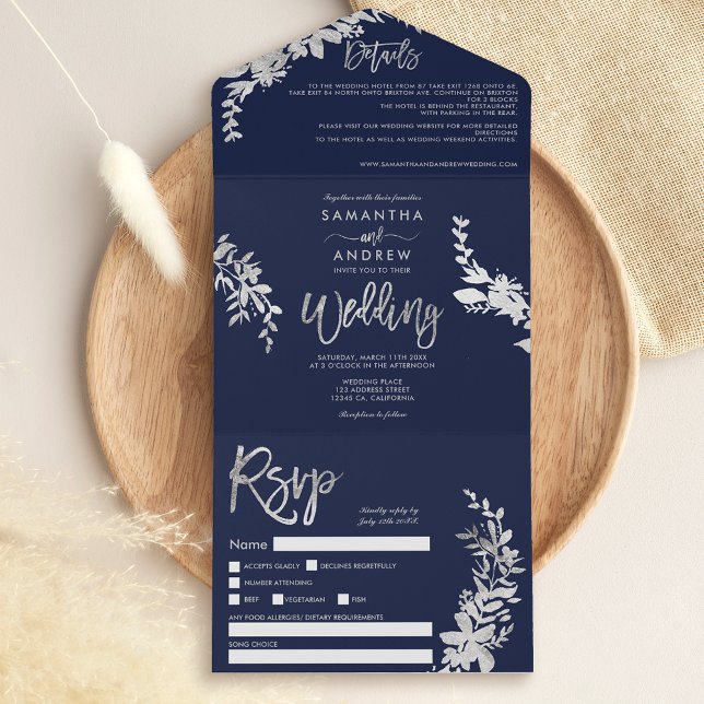 Chic silver blommigt typografi marin blå bröllop (Skapare uppladdad)