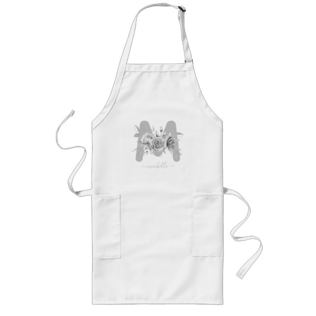 Chic Silver Blommigt Watercolor Monogram Långt Förkläde (Framsidan)