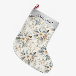 Chic Silver Cream Blue White Blommigt jul Stor Julstrumpa