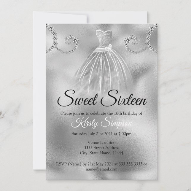 Chic Silver Foil Diamonds Sweet sixteen Party Inbjudningar (Framsida)