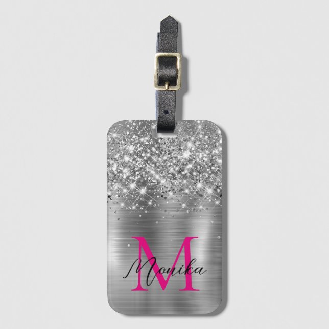 Chic Silver Foil Faux Glitter Hot Pink Monogram Bagagebricka (Framsida vertikal)