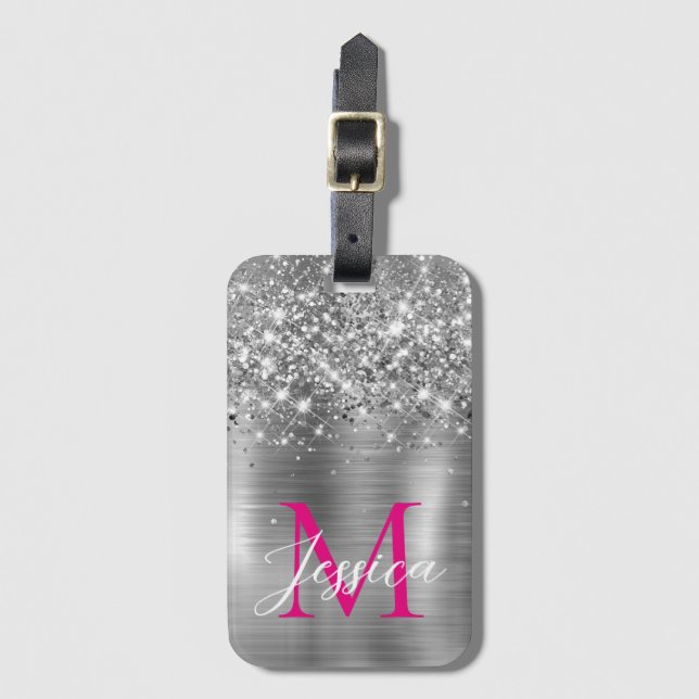 Chic Silver Foil Faux Glitter Hot Pink Monogram Bagagebricka (Framsida vertikal)