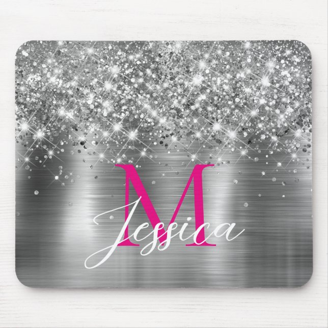 Chic Silver Foil Faux Glitter Hot Pink Monogram Musmatta (Framsidan)