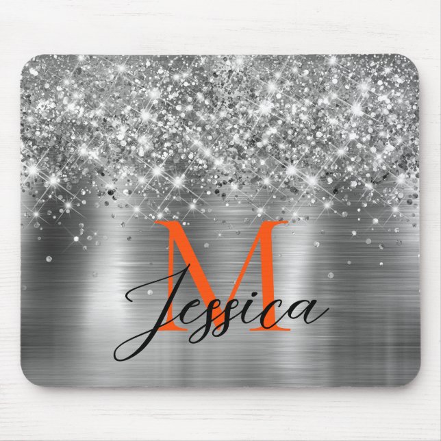 Chic Silver Foil Faux Glitter Orange Monogram Musmatta (Framsidan)