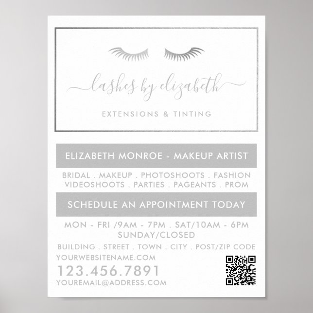Chic Silver Foil Lash Beauty Makeup Artist Poster (Framsidan)