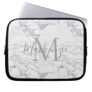 Chic Silver Foil Marble Monogram Laptop Fodral