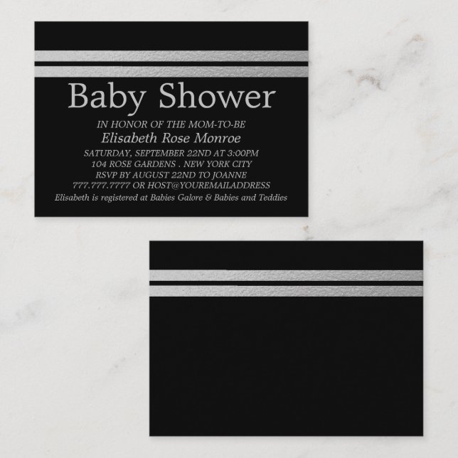 Chic Silver Foil Rand, Black Baby Shower Biljett (Fram/baksida)
