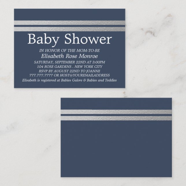 Chic Silver Foil Rand, Blue Baby Shower Biljett (Fram/baksida)