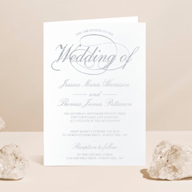 Chic Silver Foil Script Folded Wedding-inbjudan Folierat Kort (Skapare uppladdad)