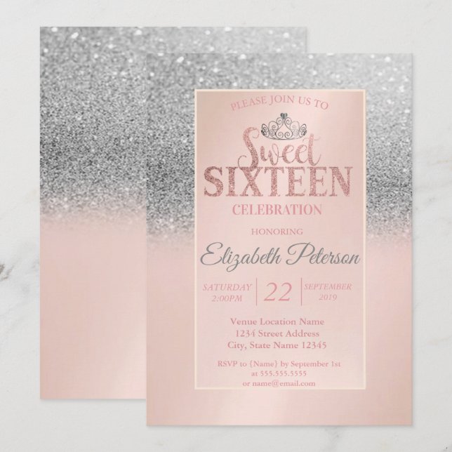 Chic Silver Glitter Bokeh, Tiara Sweet 16 Fest Inbjudningar (Fram/baksida)