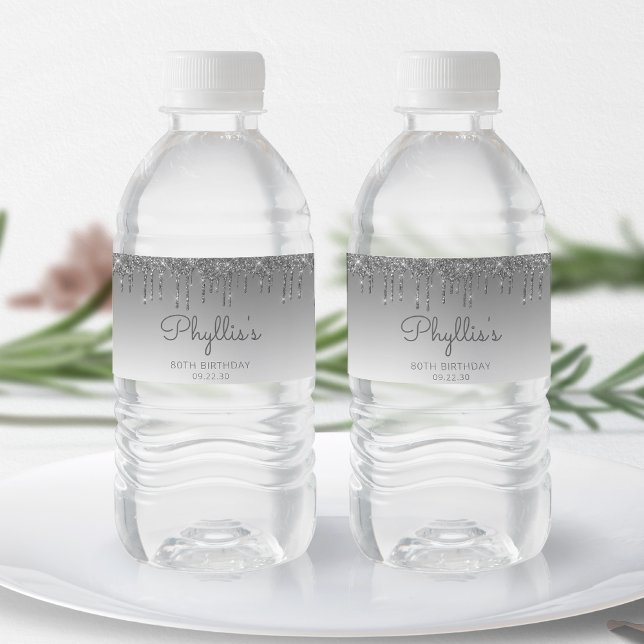 Chic Silver Glitter Drip 80:e Födelsedagsfesten Vattenflaskor Etikett (Skapare uppladdad)
