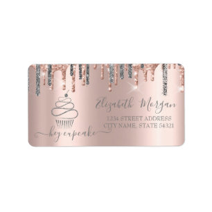 Chic Silver Glitter Drips Cupcake Rose Guld Adressetikett