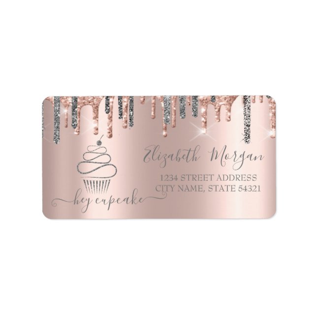 Chic Silver Glitter Drips Cupcake Rose Guld Adressetikett (Framsidan)