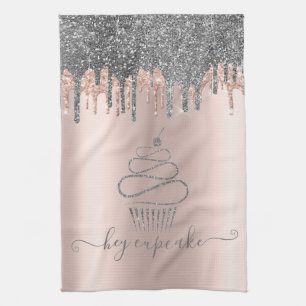 Chic Silver Glitter Drips Cupcake Rose Guld Kökshandduk