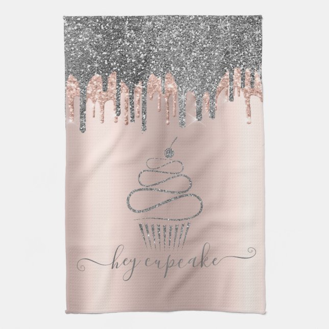 Chic Silver Glitter Drips Cupcake Rose Guld Kökshandduk (Vertikal)