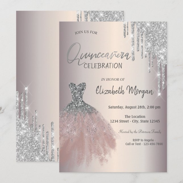 Chic Silver Glitter Drips Klänning Quinceañera Inbjudningar (Fram/baksida)
