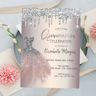 Chic Silver Glitter Drips, Klänning Quinceañera Inbjudningar