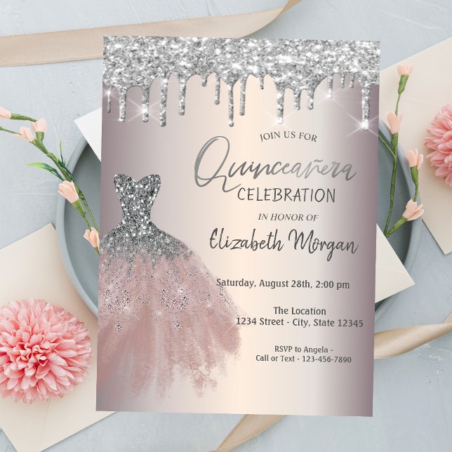 Chic Silver Glitter Drips, Klänning Quinceañera Inbjudningar (Skapare uppladdad)