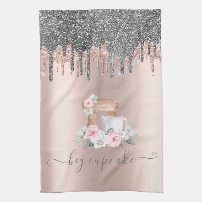 Chic Silver Glitter Drips Mixer Blommor Rose Gold Kökshandduk (Vertikal)