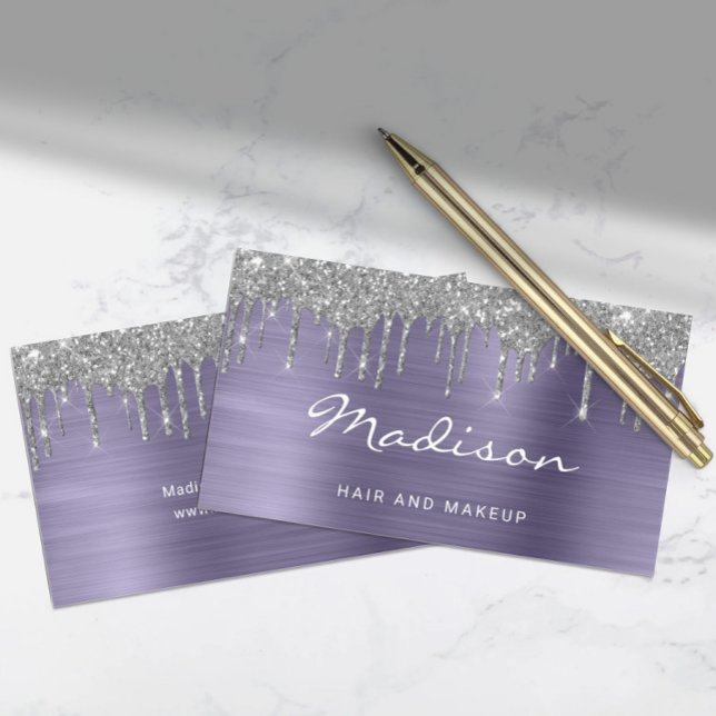 Chic Silver Glitter Drives Stylist Visitkort (Chic Silver Glitter Drips Stylist Business Card)