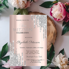 Chic silver glitter droppar Rosa Guld Bat Mitzvah Inbjudningar
