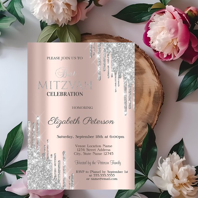 Chic silver glitter droppar Rosa Guld Bat Mitzvah Inbjudningar (Skapare uppladdad)