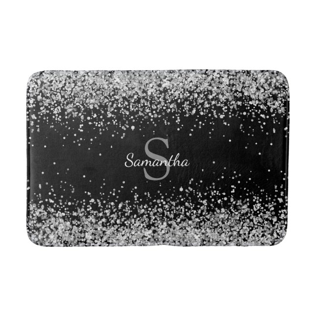 Chic Silver Glitter Konfetti Monogram Black Badrumsmatta (Framsidan)