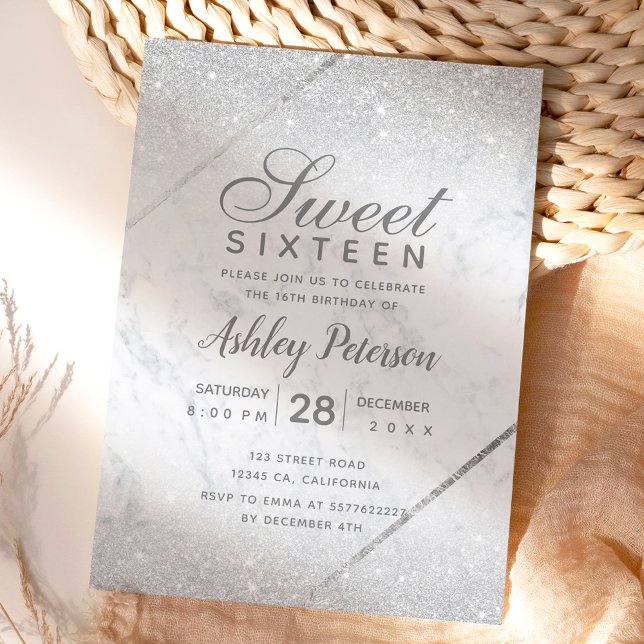 Chic silver glitter, manusmarmor Sweet 16 Inbjudningar (Skapare uppladdad)