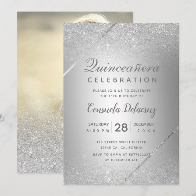 Chic silver glitter, manusmetaller Quinceanera Inbjudningar (Fram/baksida)