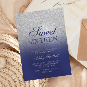 Chic silver glitter, marinblått elegant Söt 16 Inbjudningar