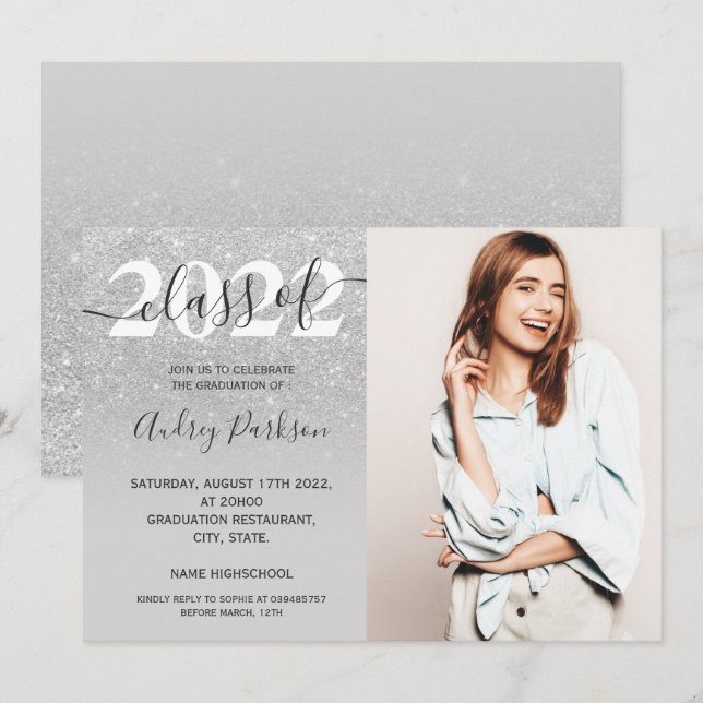 Chic silver glitter ombre-foto studenten inbjudningar (Fram/baksida)