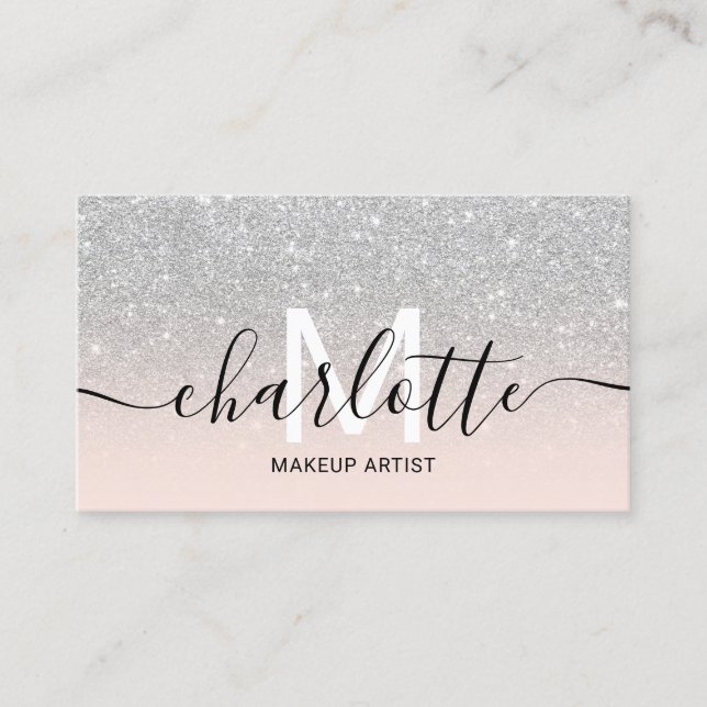 Chic silver glitter rosa namn makeup logotyp  visitkort (Framsida)