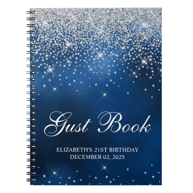 Chic Silver Glitter Royal Blue 21-årsdag Gästbok Anteckningsbok (Framsidan)