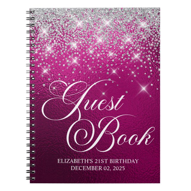 Chic Silver Glitter Shock rosa 21:a Bday Guestbook Anteckningsbok (Framsidan)