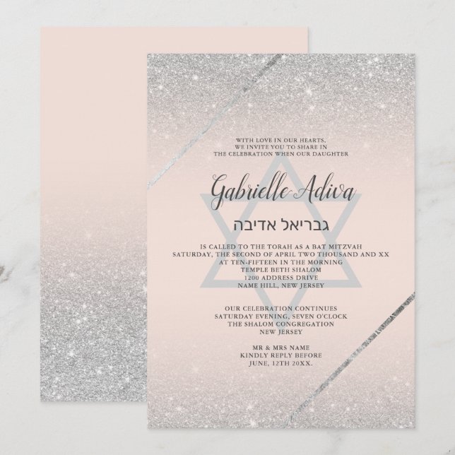 Chic silver glitter skript  rosa Bat mitzvah Inbjudningar (Fram/baksida)