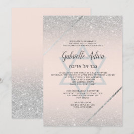 Chic silver glitter skript rosa Bat mitzvah Inbjudningar