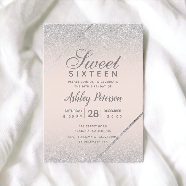 Chic silver glitter skript  rosa Sweet 16 Inbjudningar (Chic silver glitter script blush pink Sweet 16 Invitation)