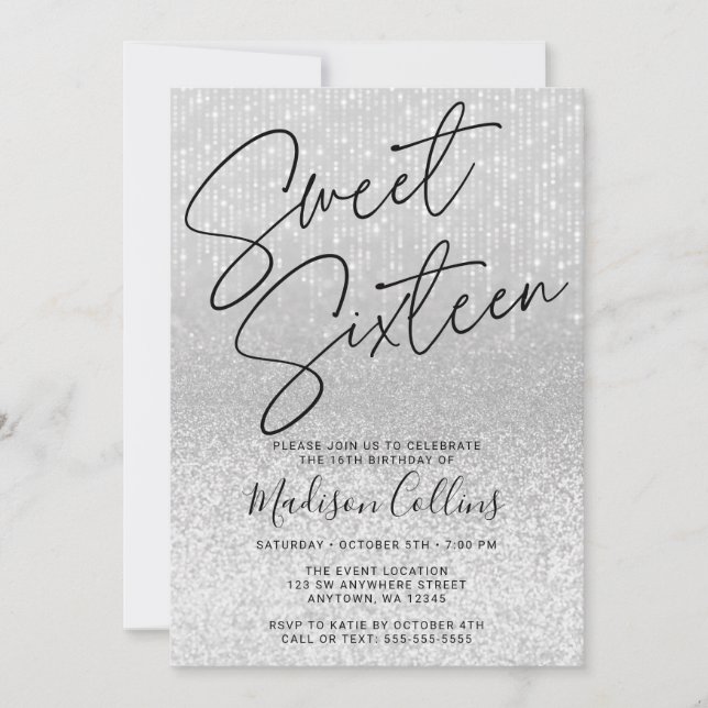 Chic Silver Glitter Sweet 16 Inbjudningar (Framsida)