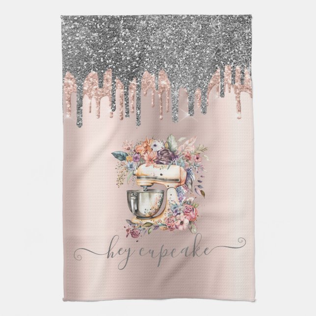 Chic silver glitterdroppar Blommig mixer Rose guld Kökshandduk (Vertikal)