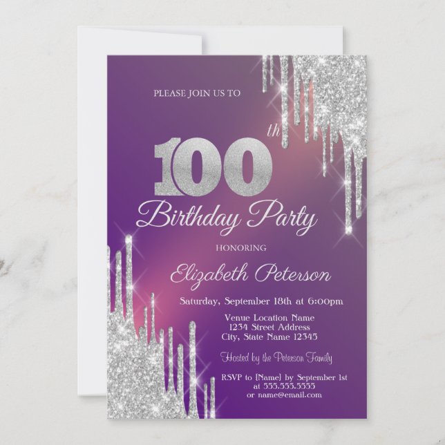 Chic Silver Glitterdroppar Lila 100-årsdag Inbjudningar (Framsida)